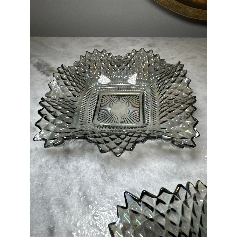 2 Vintage Indiana Carnival Glass Smoke Iridescent Ruffled Edge Diamond‎ Cut Dish